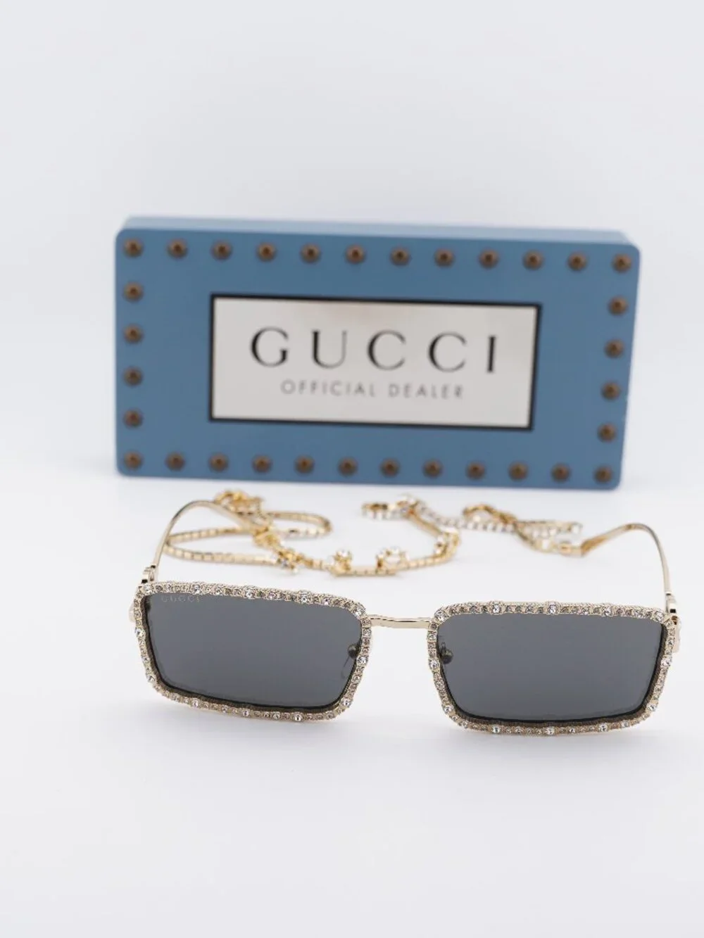 Gucci GG1568S 001 Rectangle Sunglasses - Gold with Gold Chain/Grey